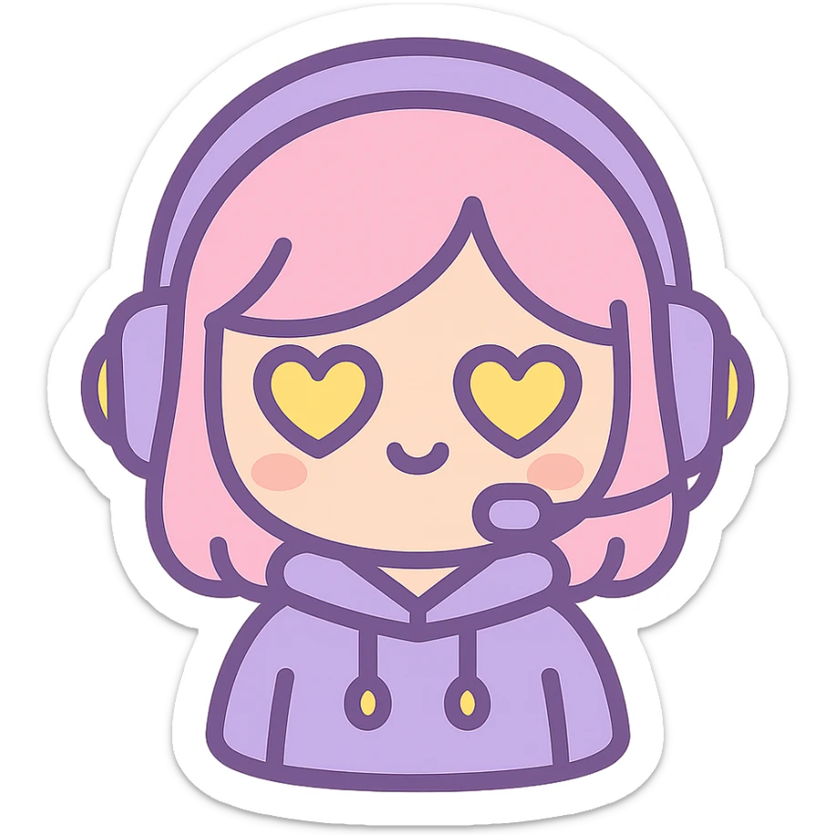 cute streamer girl emoji, purple hoodie, yellow accents, heart-shaped eyes, kawaii inspired sticker