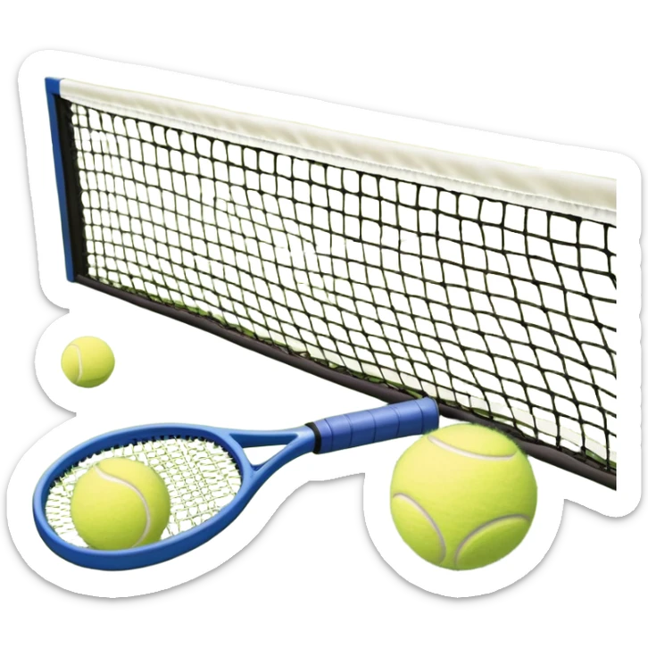 A tennis racket and ball positioned on a grass court, with the net and lines clearly visible in the background. The scene emphasizes the classic elements of the sport, capturing the energy and precision of a tennis match. sticker