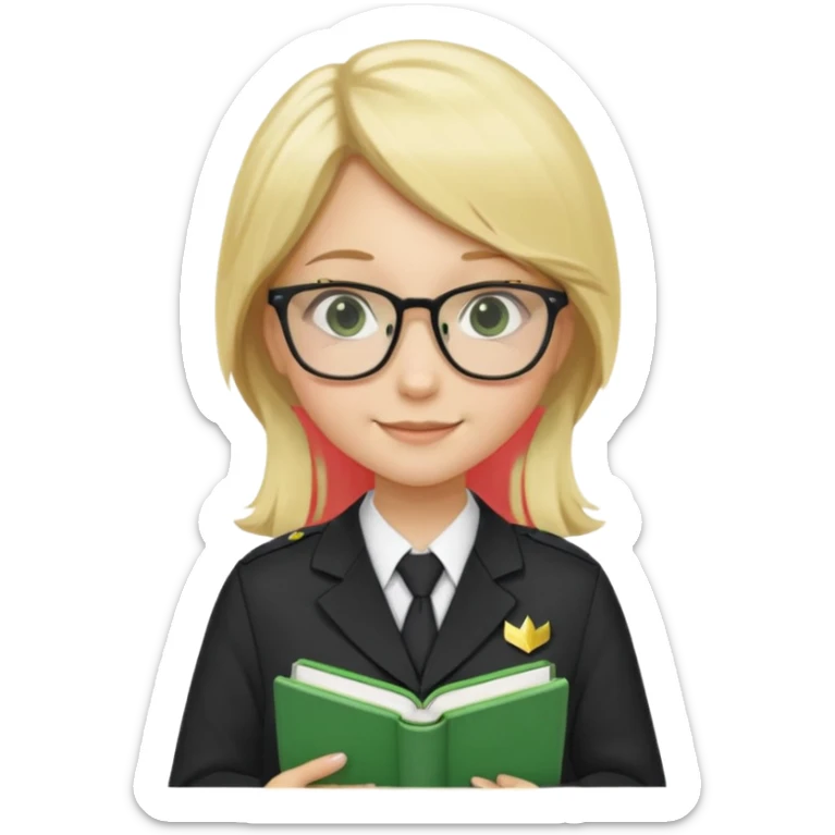 Girl student wearing uniform, glasses, hold green book in front of their chest, blonde long straight hair, white skin sticker