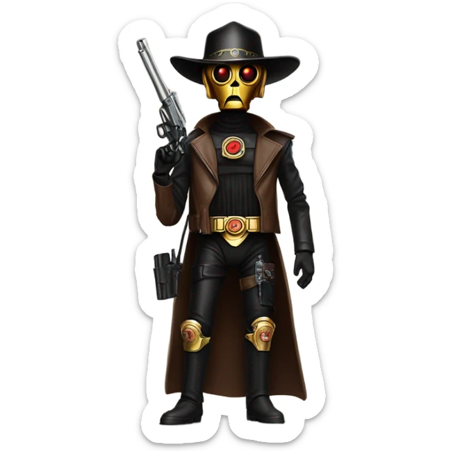 battle rough and tough bounty hunter c3Po wearing Satan’s leather biker outfit with guns and wide-brim hat on head. walking sticker