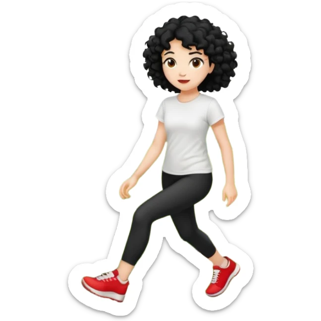 generate a pretty bratz fair skinned girl with curly black hair wearing a white tshirt trekking on a hill with red sneakers on and black leggings sticker