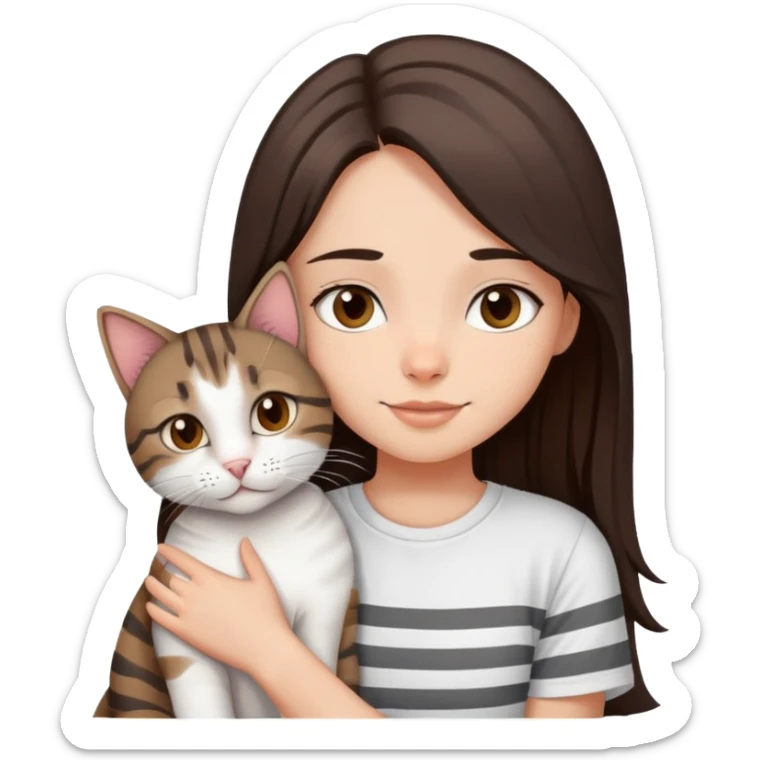 a girl with long dark brown hair, in a
white T-shirt and brown eyes, hugs a tabby
dark grey and white strips one cat sticker