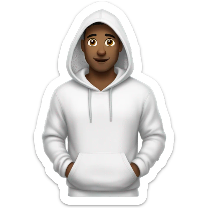 An emoji of a handsome man wearing a white hoodie, with the hood down, showing his hair, and standing confidently with a relaxed expression sticker