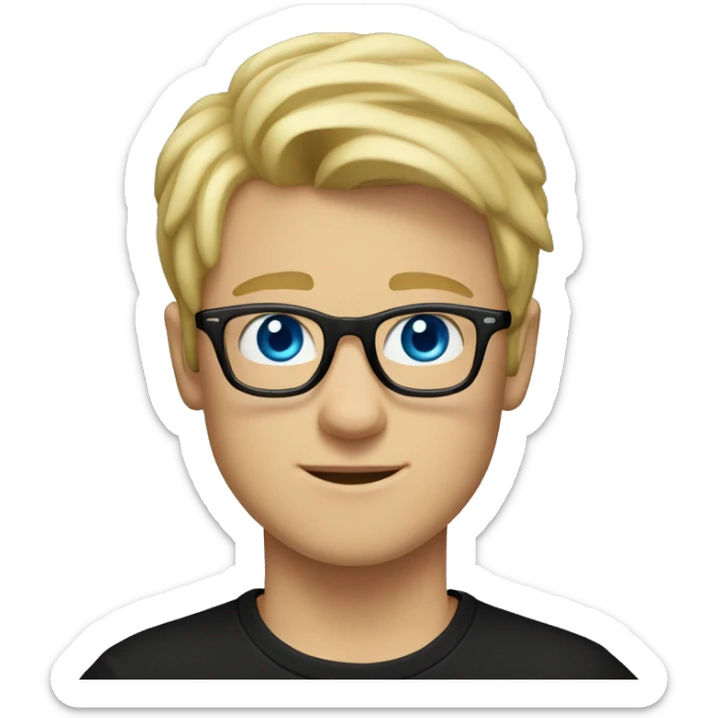 a 20 year old guy with blond hair, blue eyes, wearing a black T-shirt and square-framed glasses. sticker
