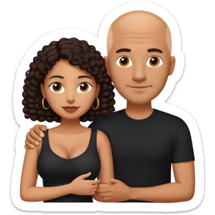 A picture of a tanned couple with the man's arm around her. the man is a Mexican man with tanned skin, a bald hair cut, short beard and wearing a black shirt. the woman is mixed, with mid length curly dark brown hair and with big boobs  sticker