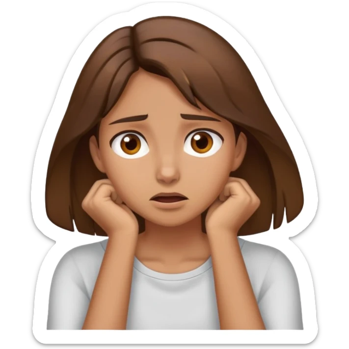 A girl with brown hair and brown eyes with her hands around her neck in frustration  sticker