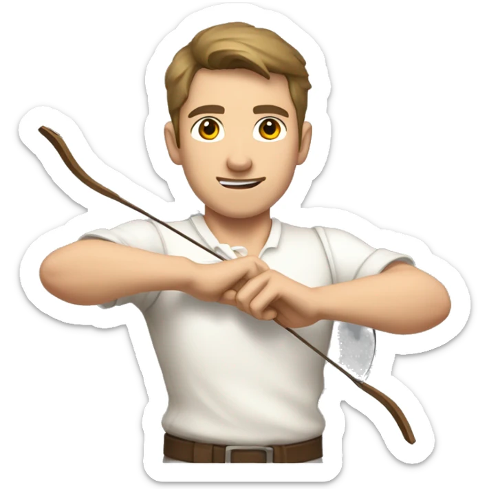 a male archer bending a bow, wearing a white shirt, very short brown hair, bright skin, only show upper part of the body from waist up sticker