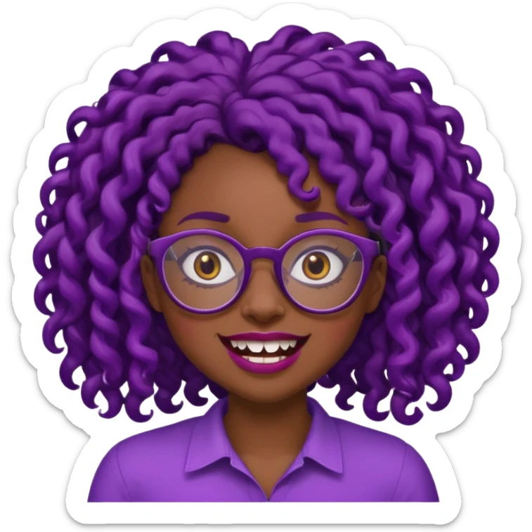 nerd emoji like with glasses and silly exaggerated buck teeth but it’s a black girl with dark purple curly hair sticker