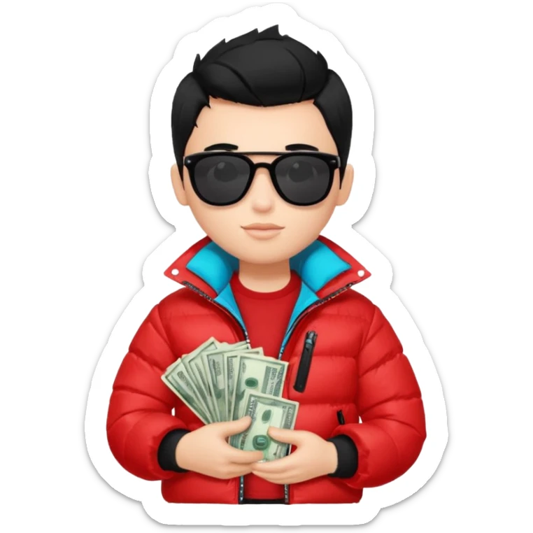 a pretty bratz boy with black hair, holding a bag of money, sunglasses on, red puffer jacket sticker