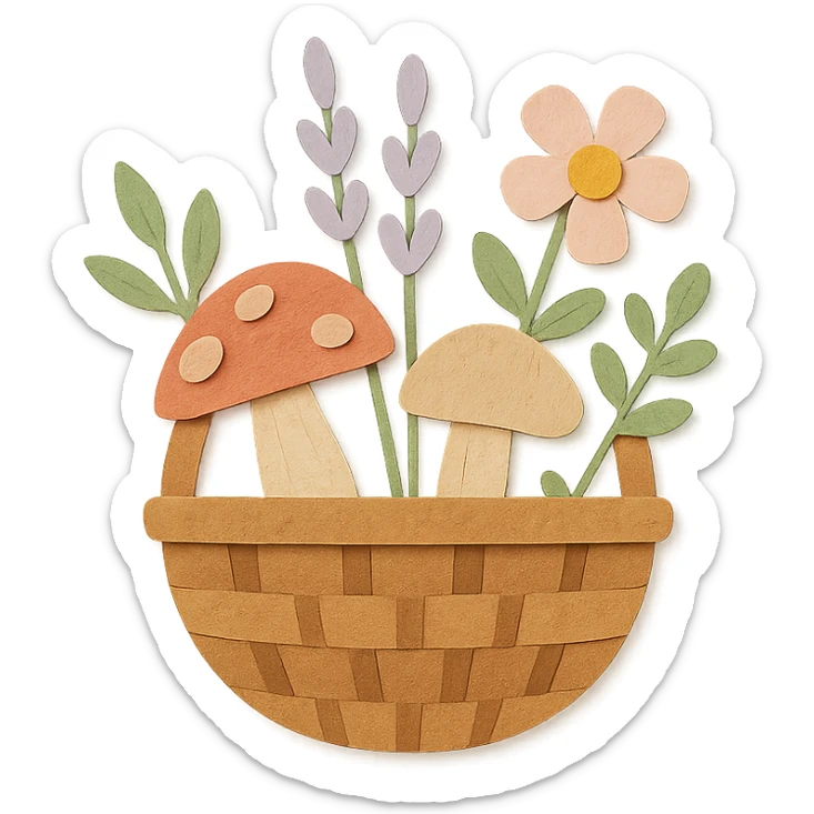 basket full of forest goodies including mushrooms, herbs, flowers in soft pastel colors, paper-craft style sticker