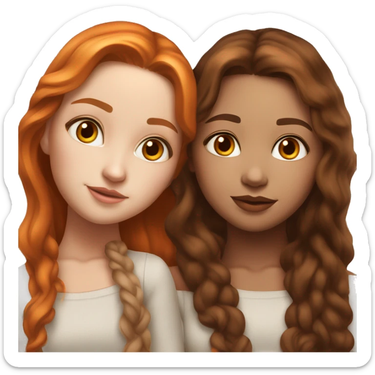 serene two white girls. one has mid length dark brown hair and the other has long orange hair. standing together and kissing in gentle light. calm and content. hyper-realistic soft textures fine details glow on skin sticker