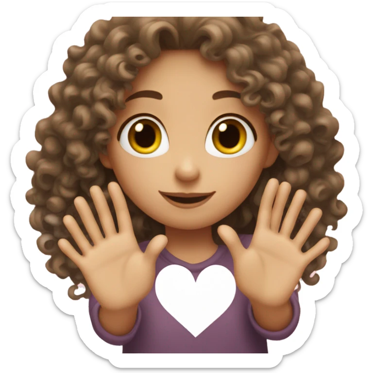 A girl with curly hair and white skin making a heart with her hands sticker