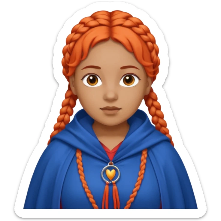 red orange braids hair girl, tan skin, fat, wear blue cloak sticker