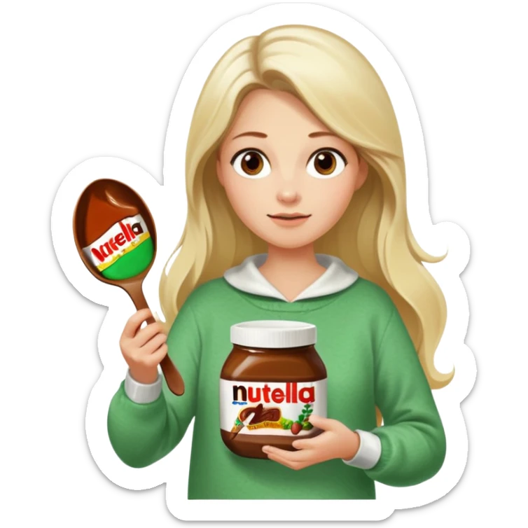 Blond woman with white and green pullover holds in one hand a big carriage of Nutella and in the other hand a oversized spoon which is in the carriage of Nutella. Her hair is long. And the Nutella jar is very big sticker