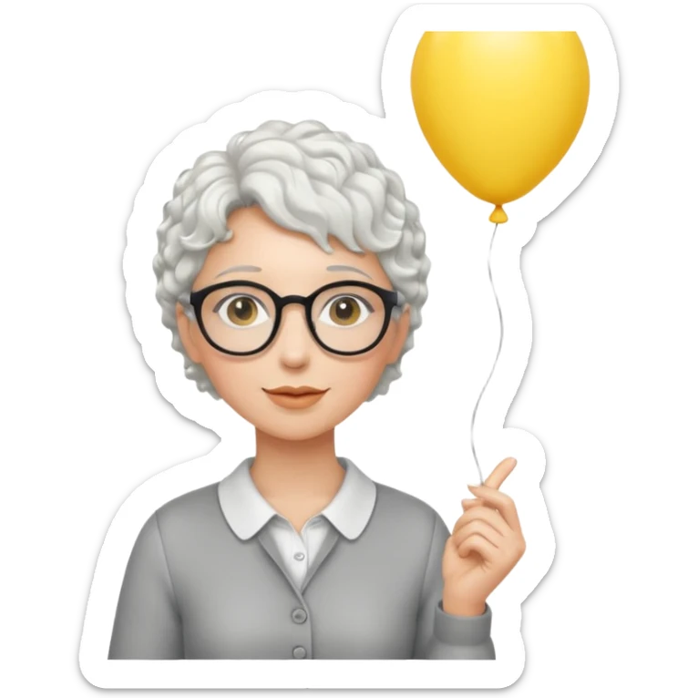 woman with short curly white hair and wearing glasses, holding yellow balloon sticker