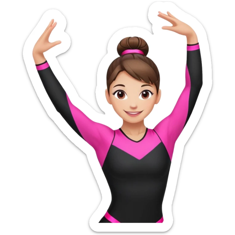 Happy female gymnast with brown hair in a neat bun, wearing a black uniform with neon pink elements. sticker