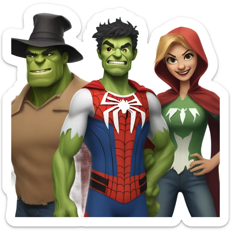 Spider-Man, the Hulk scarecrow and the wicked witch together as a family sticker