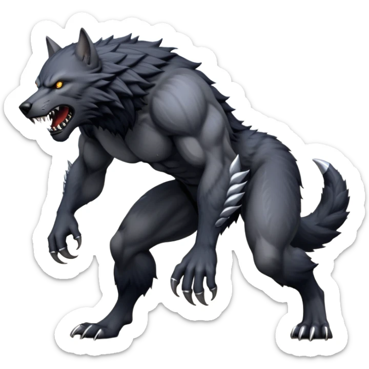 cinematic-noble-fierce-werewolf-full body on all fours-emoji, poised-and-imposing, with a tall, lean, and muscular wolfish frame inspired by the brutal, imposing shape of the beast from Berserk, fur rippling in shades of midnight black and silver, massive paws with razor-sharp claws, elongated limbs and fangs, eyes glowing with an intense, primal ferocity, reflecting the untamed power of the wild moonlit night; rendered with realism sticker