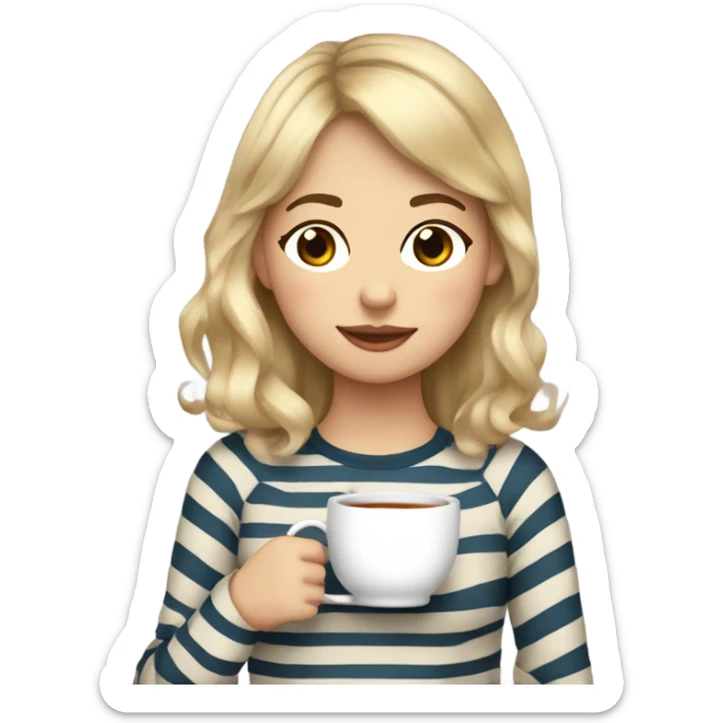 Blond girl with bangs and wavy hair, in her 20s striped shirt sipping tea sticker