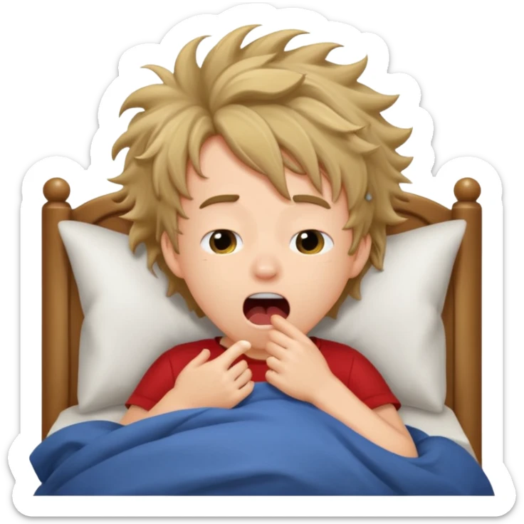 emoji- of a cute boy waking up in bed. He is yawning or rubbing his eyes.  sticker