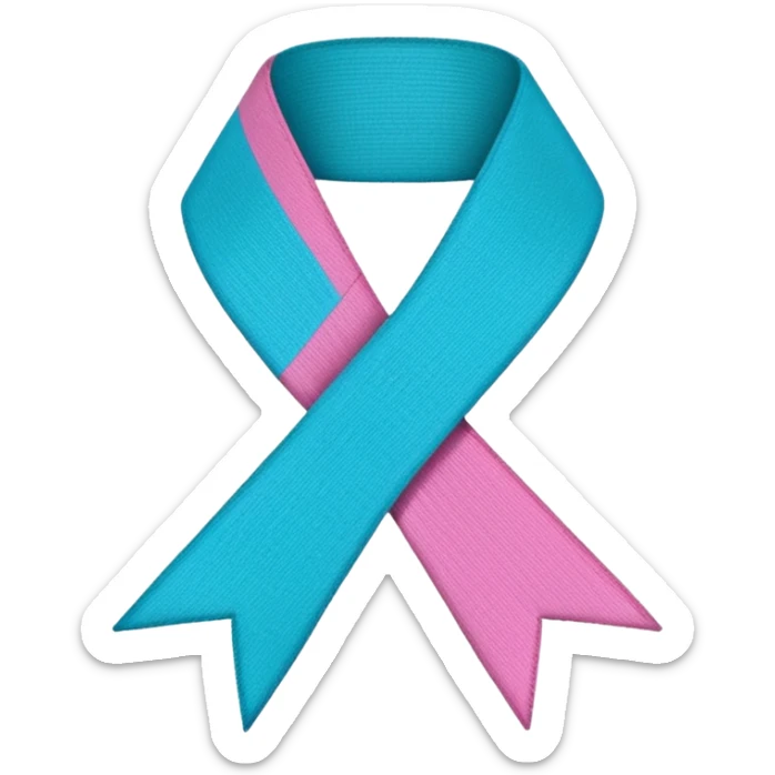 Thyroid cancer ribbon which has a blue strand, a pink strand and teal at the top where the ribbon crossed over sticker