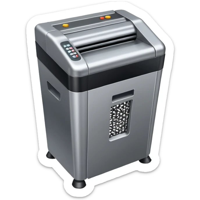 Crea un emoji de una maquina que sea un molino picador de plastico. Debe tener un agujero en la parte de arriba y abajo un hueco por donde saldra el plastico molido sticker