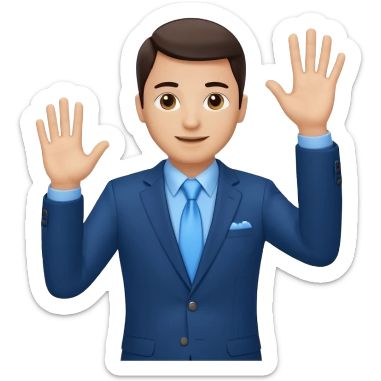 Make emoji of me in a dark blue business suit and light blue shirt waiving to new clients sticker