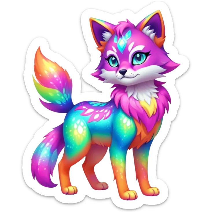 Vibrant multicolored neon-colored Falvie-Fionbri-creature-sparkle-feline-canine-hybrid-fursona, full body sticker