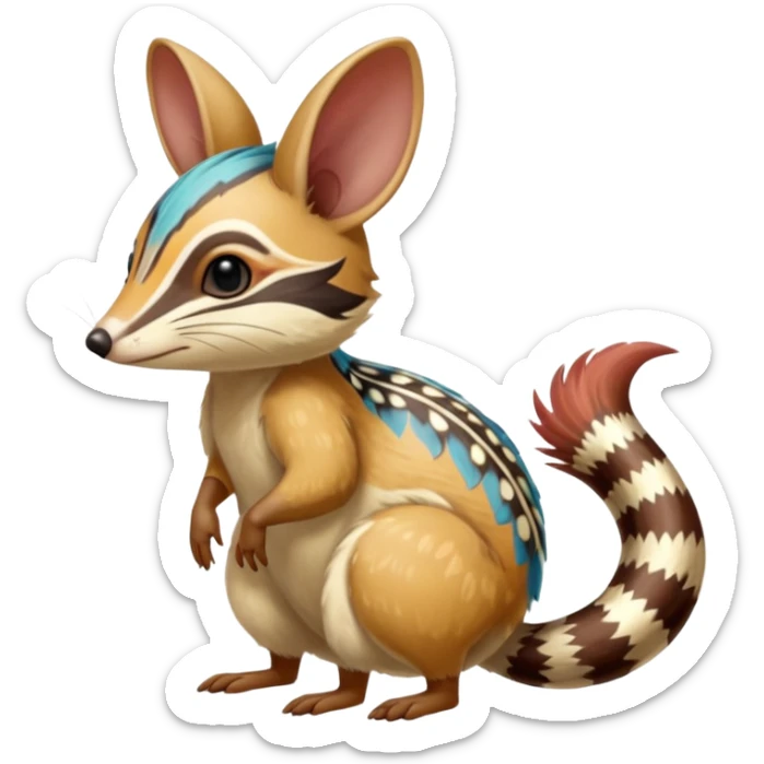 Tropical Exotic Colorful Floral Feathery Numbat-Bilby-Quoll-Furret-Fakémon-furry-fursona-creature (full body) with tribal markings sticker
