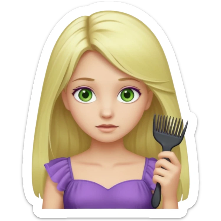 blonde girl with swamp green eyes, soft purple dress, combing her hair, iOS emoji style sticker