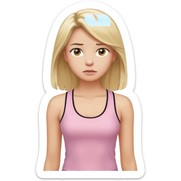Create a young woman with long blonde hair, golden eyes, and medium-light skin tone, wearing a light pink tank top and leggings. She should be in portrait mode, but with a subtle doubting facial expression—slightly raised eyebrow, small frown, .  and her hand next to her chin likethinking face emoji sticker