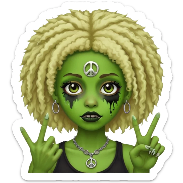 girl, green zombie,blonde afro, medium long, shaggy, dark, spooky,double eyebrow dermal piercing,peace sign sticker