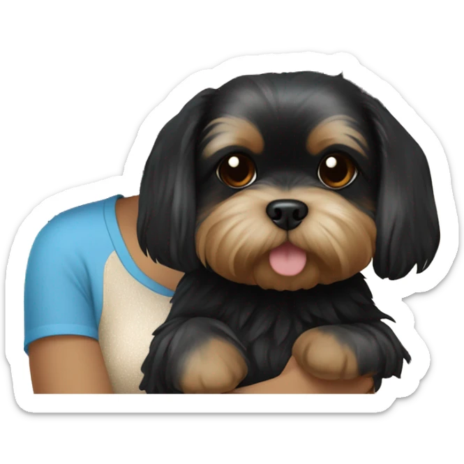 Black hair Chinese girl wearing blue and holding a Yorkie Shih Tzu puppy that is black and beige￼ sticker