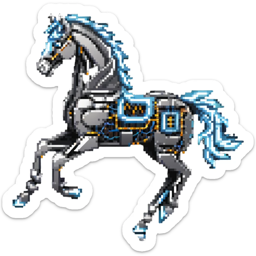 Galloping electric horse made of metal parts with lightning and electricity flowing through its body, dynamic pose sticker