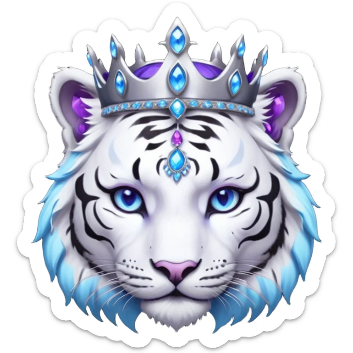 ESO Female white/black tiger khajiit leader of the umbral rose, glowing blue eyes, glowing blue 'third eye' gem; silver crown/tiara with purple gems  sticker