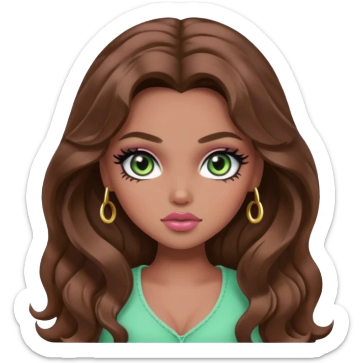  long wavy brown hair, mid skin, light green eyes, pretty bratz baddie, black eyeliner, blush sticker