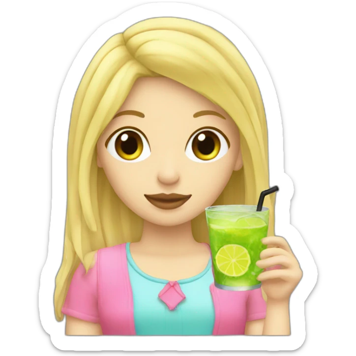 blonde girl straw drinking pink lemonade with one green lemon in the cup, with black watch sticker