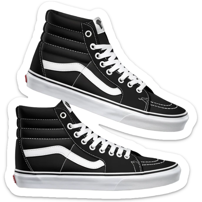 Two black Vans Sk8-Hi high top sneakers positioned in a staggered arrangement with one behind the other, classic black with white sidewall stripe, white laces and rubber toe cap sticker