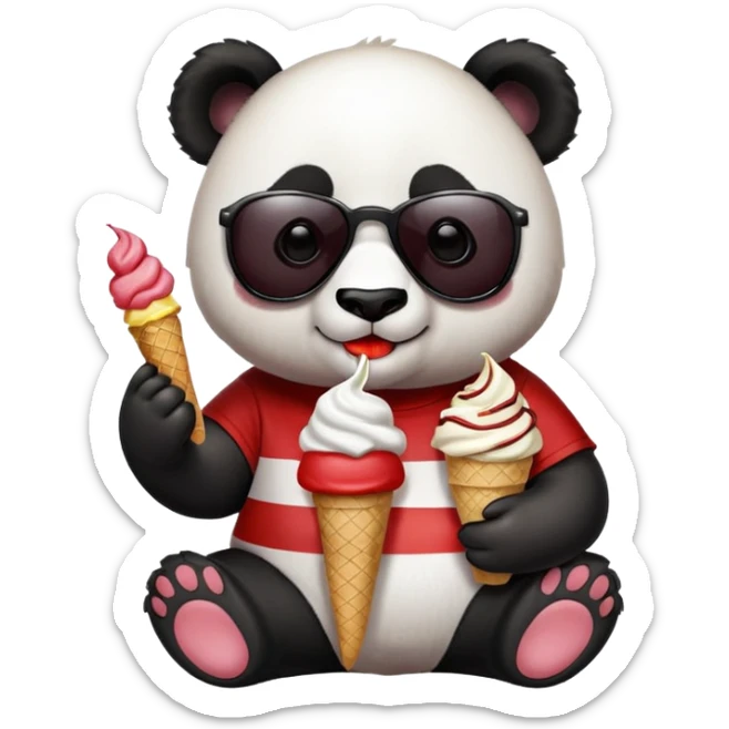 Panda with sunglasses that eat an ice cream with a stripe red and white t-shirt sticker