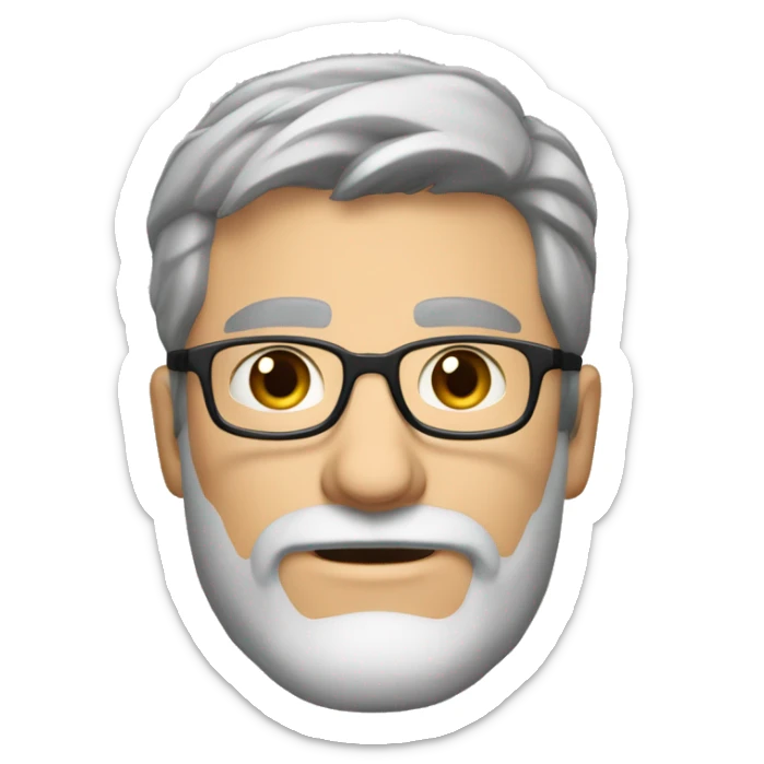 Caucasian man 40. brown eyes. short hair and short gray beard. disheveled without parting. black glasses sticker