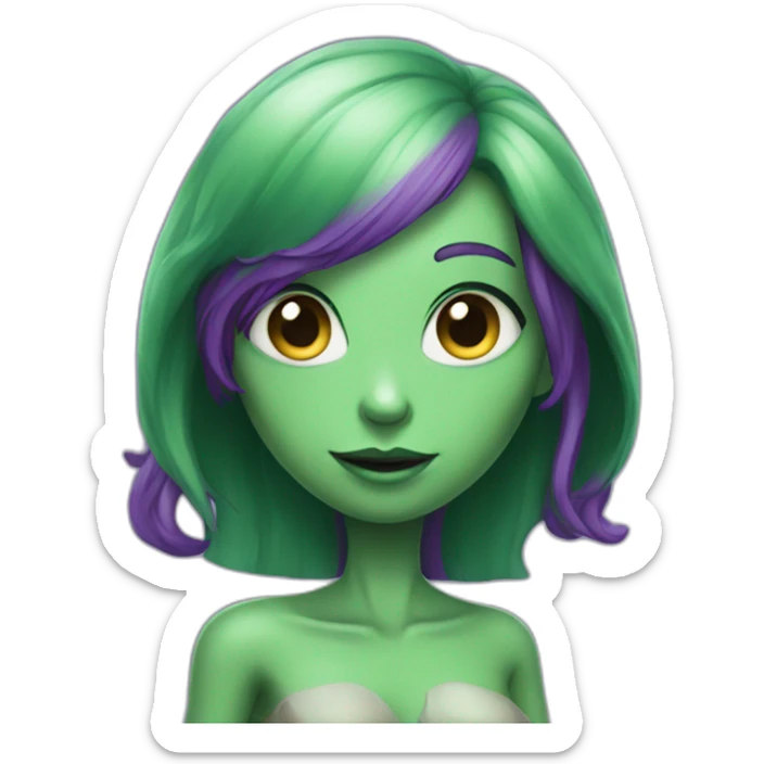 An alien girl, green skin, purple hair, she waves her hand sticker