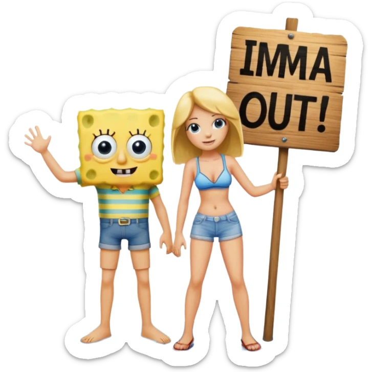 A high-detail cartoon illustration of SpongeBob SquarePants and a girl standing in the middle of Bikini Bottom. The girl is holding a wooden sign that says "imma head out" in bold black letters. sticker