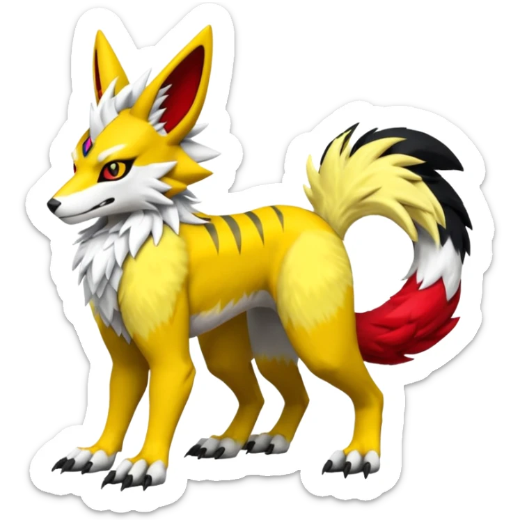 Feral Quadrupedal Digitigrade Renamon-Zeraora-Vernid-Sergal-fusion-hybrid-creature, full body  sticker