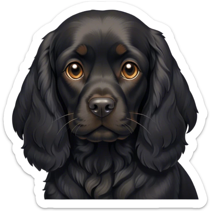 Cinematic Noble Black Cocker Spaniel Portrait Emoji, Poised and regal, with a sturdy build and a sleek, shiny black coat accented by subtle tan markings, deep-set soulful dark eyes, Simplified yet sharp and sophisticated features, highly detailed, glowing with a soft, dignified glow, high shine, intelligent and alert, stylized with an air of refinement, focused and attentive, soft glowing outline, capturing the essence of a watchful and confident companion, so majestic it feels as though it could trot out of the screen with effortless authority! sticker