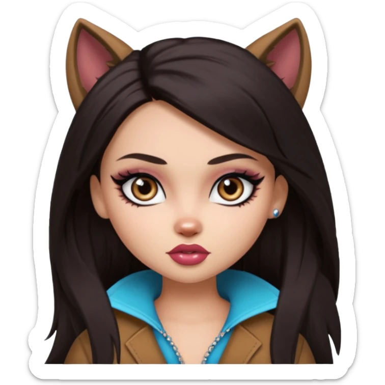 pretty bratz baddie, pretty eyes, pretty makeup, long wolf cut, dark hair sticker