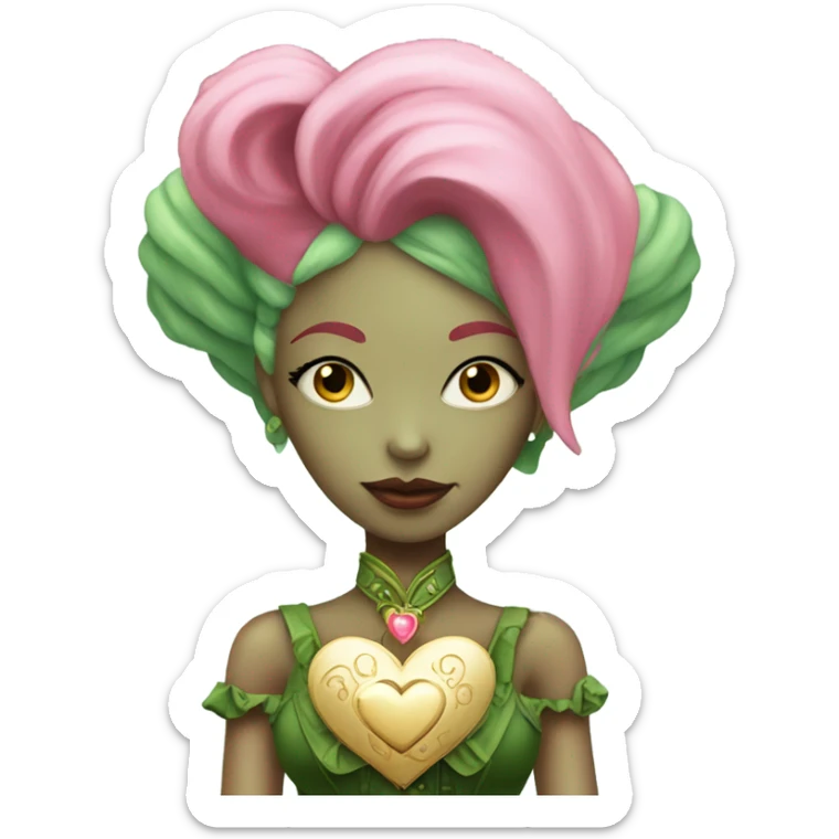 a green amazon alien woman in Victorian white gold, pink hair full body,holdig red big hearth sticker