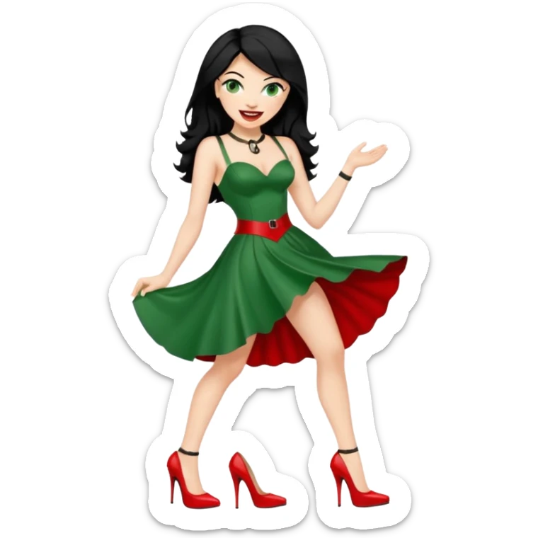🕵🏻‍♀️💦🧥 black hair , green eyes , red high heels , dominatrix dress , laughing  sticker