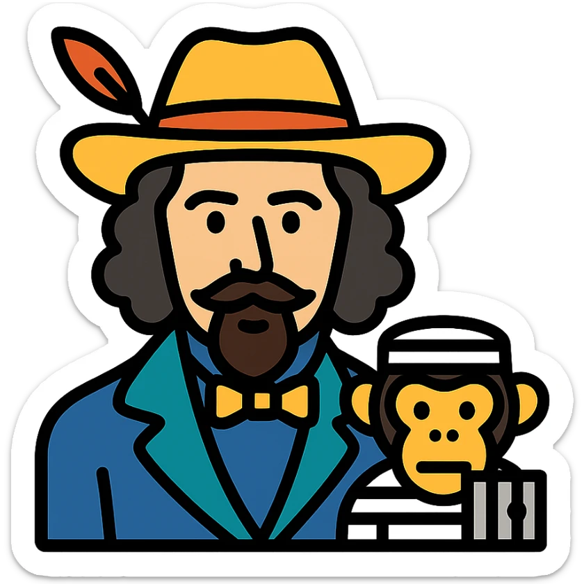 emoticono del poeta español José de Espronceda acompañado de un mono carcelario con líneas blancas y negras, estilo icono lineal color con contornos negros sticker