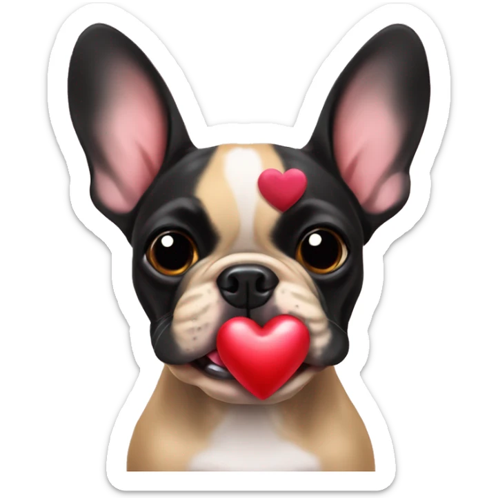 Black and tan colored French bulldog holding Valentine in mouth sticker