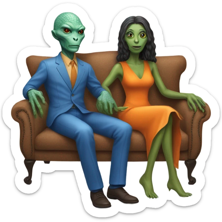 alien reptilian woman in orange dress and humman man in blue, sitting on a couch  sticker